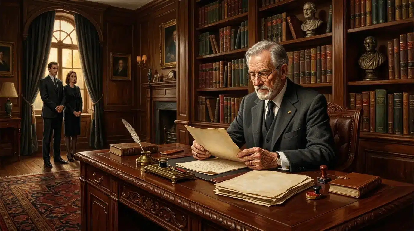 Homme âgé lisant des documents dans un bureau luxueux de style classique.