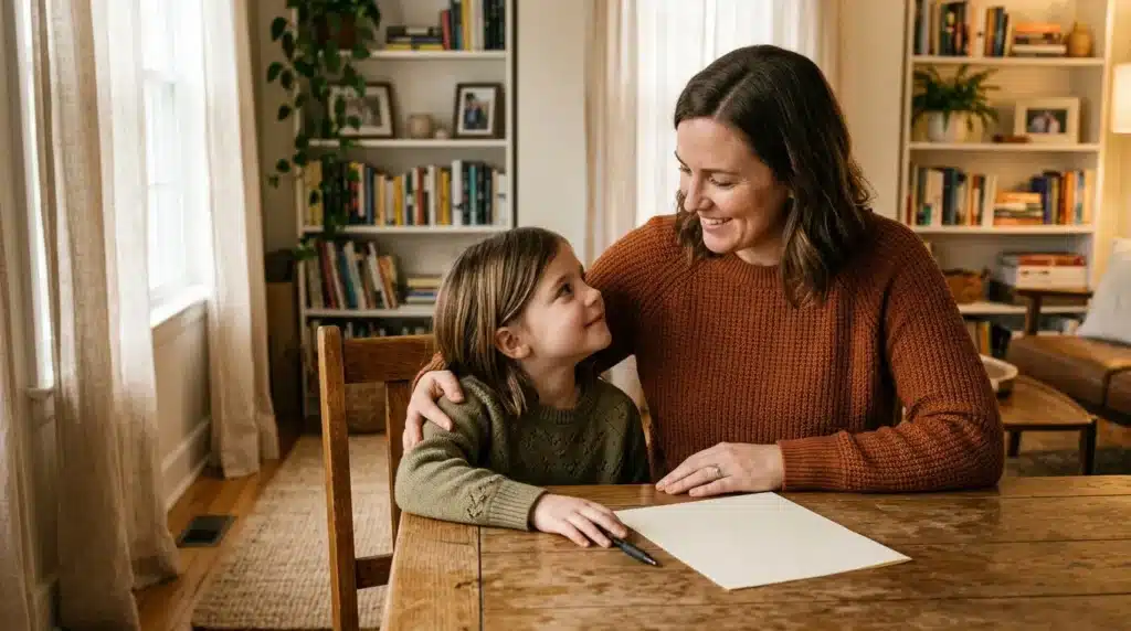 Mère et enfant à table avec cahier et stylo