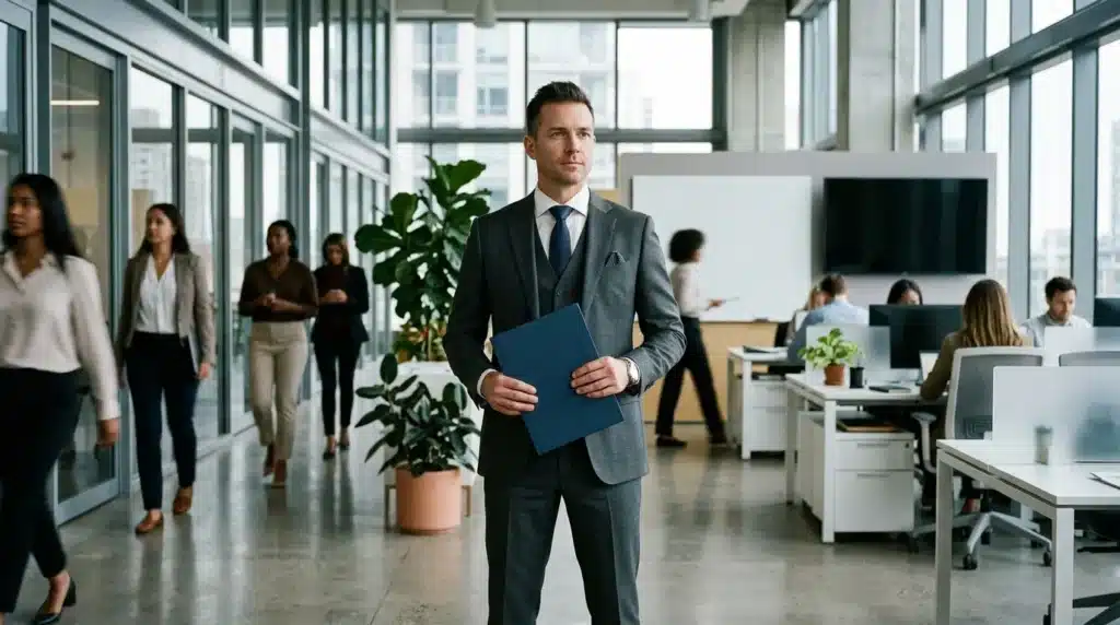 Homme en costume gris tenant une chemise bleue dans un open space