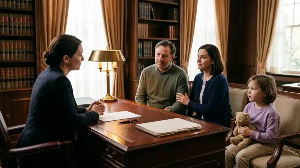 Famille rencontrant une avocate dans son bureau